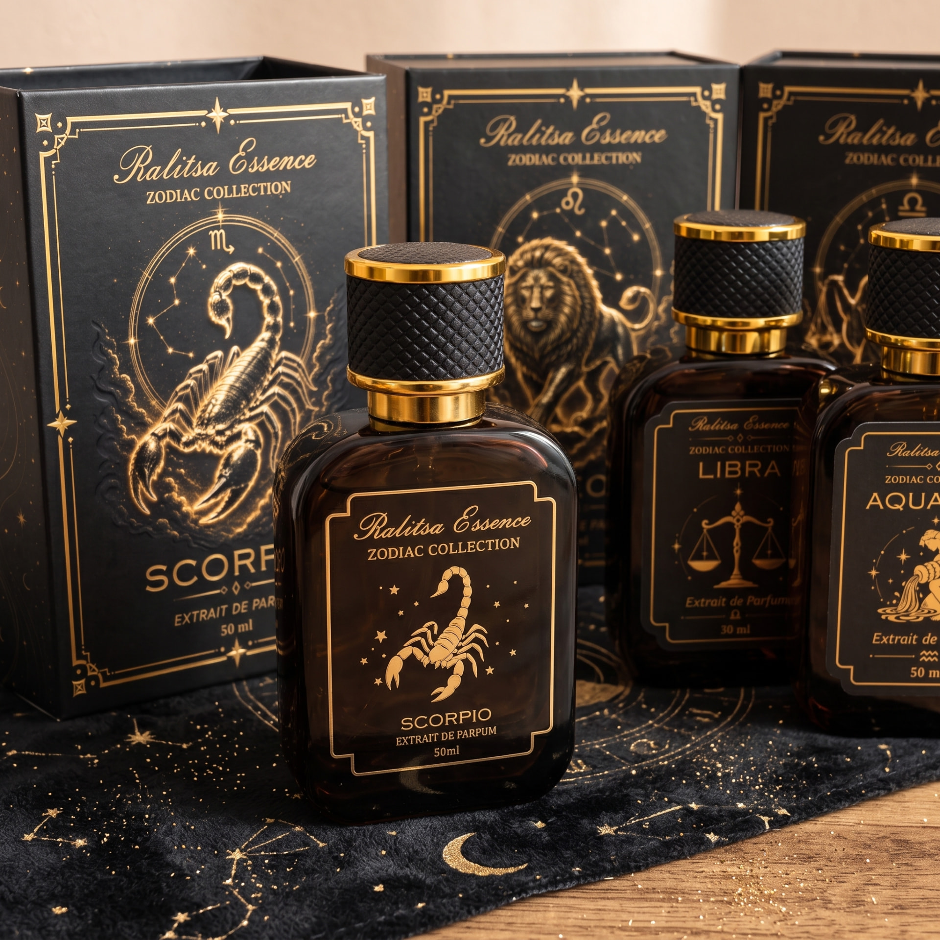 Ralitsa Essence Zodiac Collection — бутилка Scorpio пред кутиите на колекцията